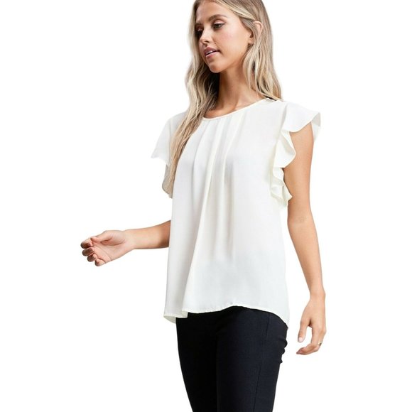 Array Blouse M Ivory Flutter Sleeve Gathered Pleated Neckline NEW - Picture 2 of 6